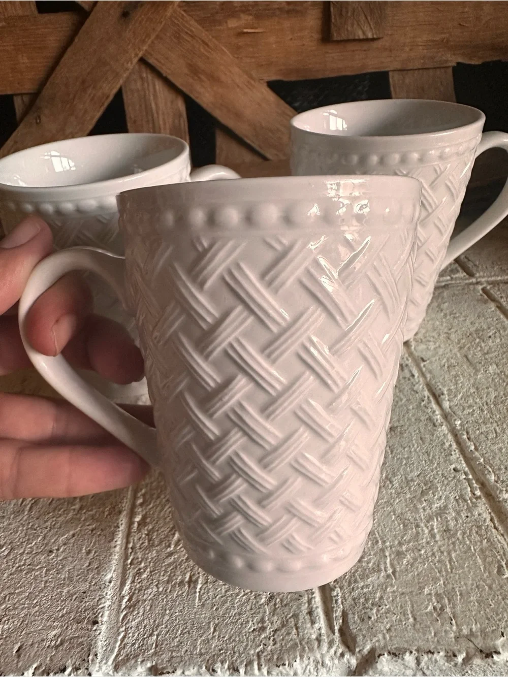 3 Coffee Cup Mug Williams Sonoma Outlet White Basket Weave Dots Lattice China